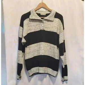 Caution Uni-Sex 1/4 Button-Up Collar Sweater Size LG Vintage Stripe Gray / Black